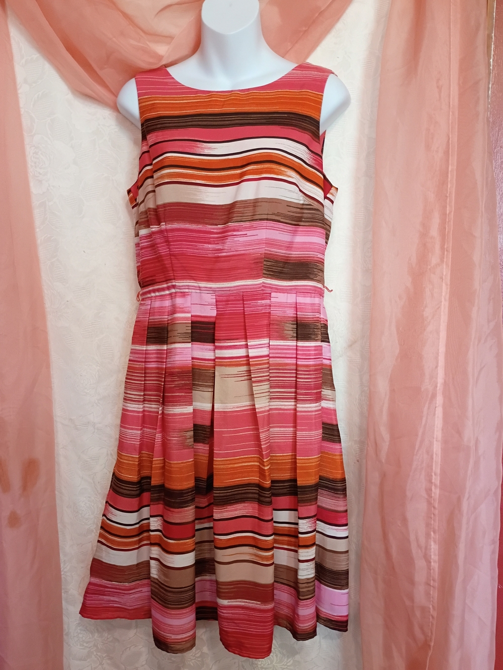 Chris McLaughlin Striped Sleeveless Midi Dress in Pink, Orange,Brown & Wht Sz 8